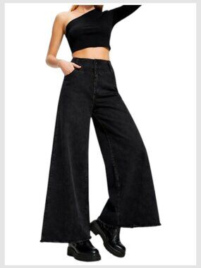 Zara Wide Leg Cropped Jeans Black High Rise Raw Hem Size 10